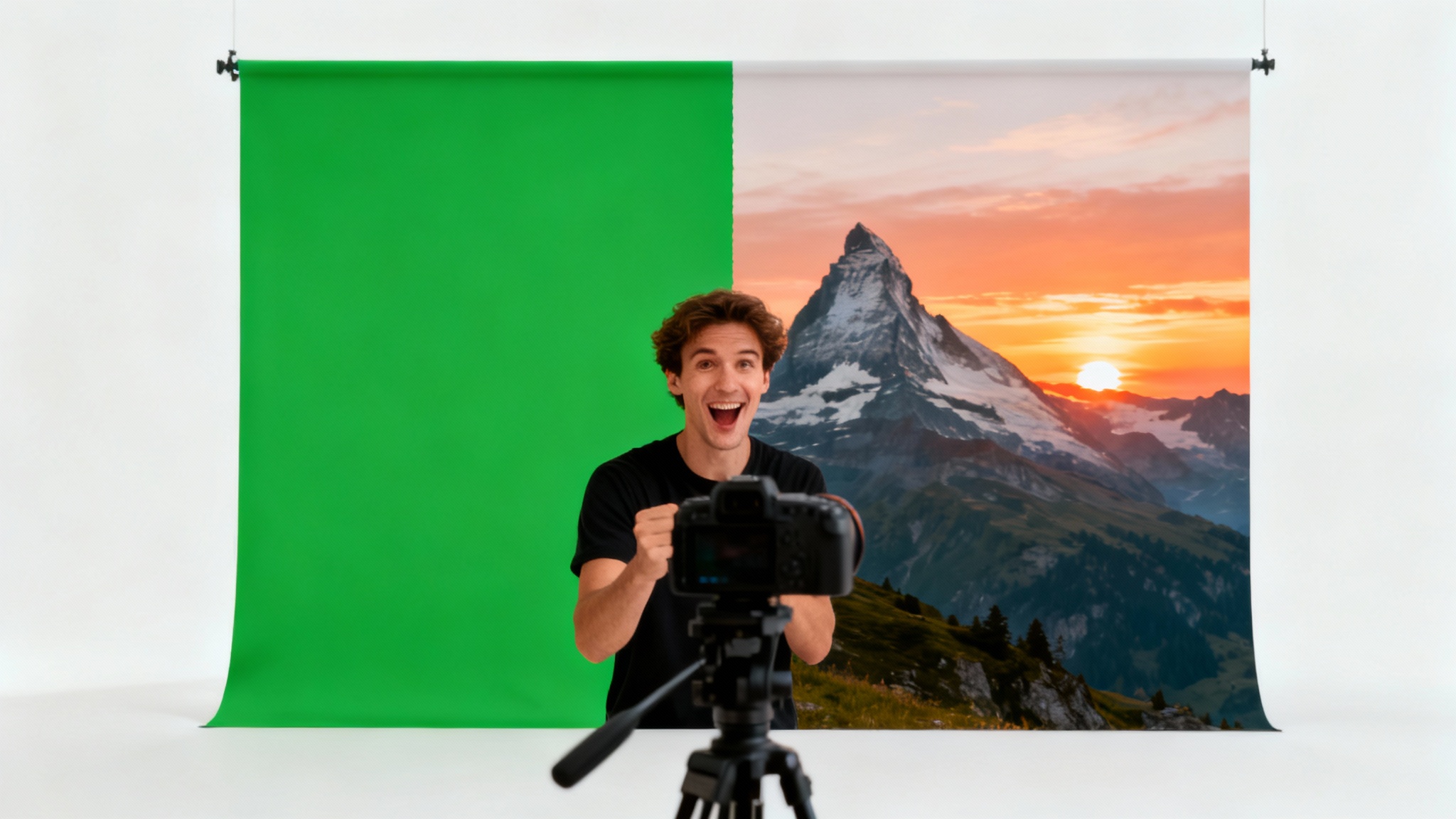 A vlogger in a studio setting with the background split between a green screen and a scenic mountain landscape, visually demonstrating the green screen effect.