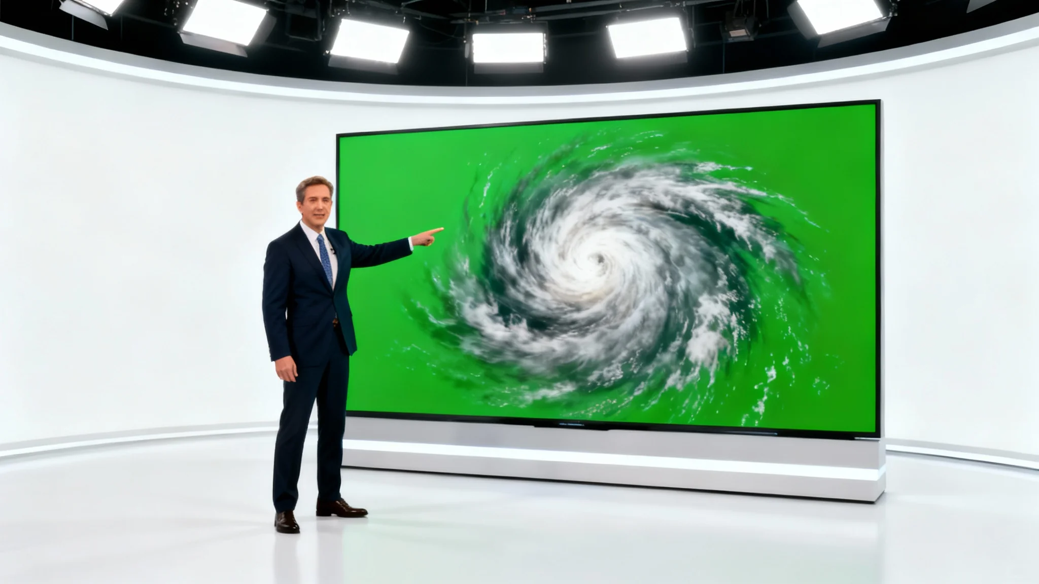 A weather forecaster in a studio pointing at a large green screen which displays a dramatic, photorealistic hurricane, illustrating the use of green screen technology.