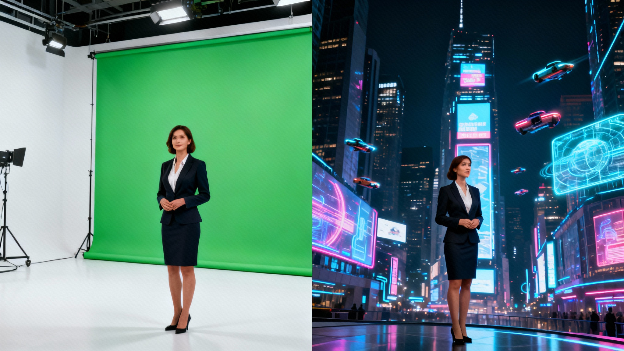 A split-screen image demonstrating a green screen effect. On the left, a woman in a suit poses in front of a bright green background. On the right, the same woman is composited into a futuristic city at night.