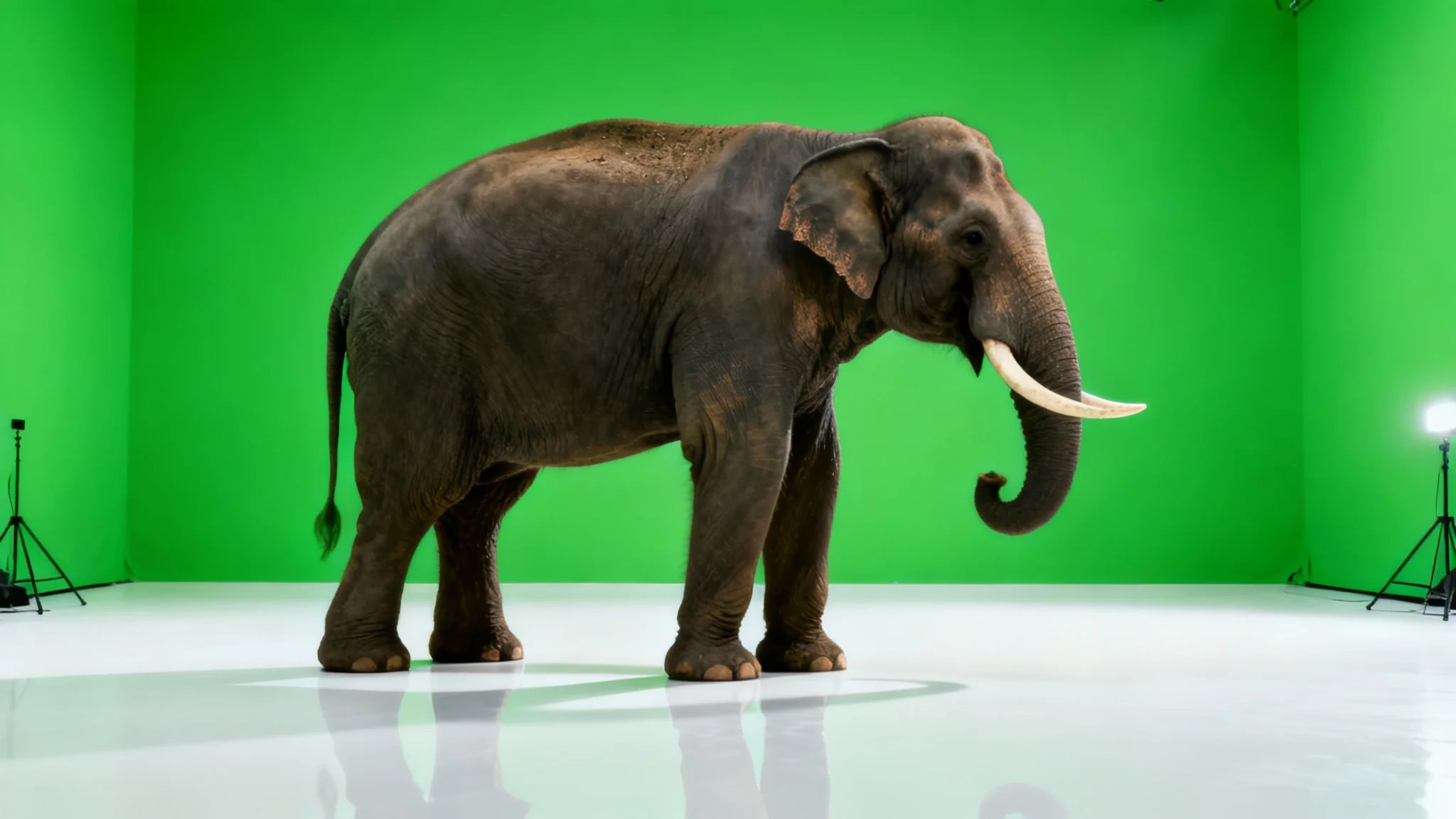 A photorealistic image of a large elephant standing in a professional studio in front of a vast, bright green screen, demonstrating a green screen effect.