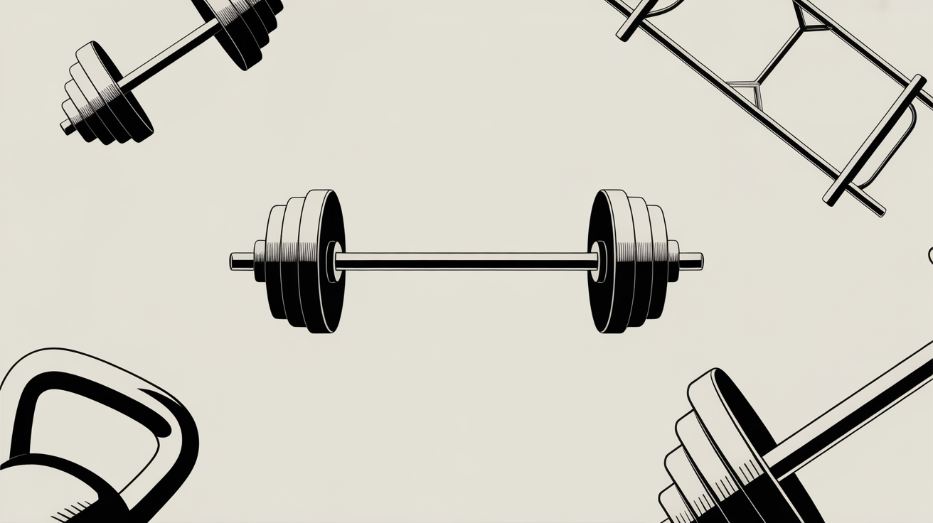 A collection of professionally designed line art illustrations of gym equipment, featuring a barbell, dumbbell, and kettlebell on a clean background.