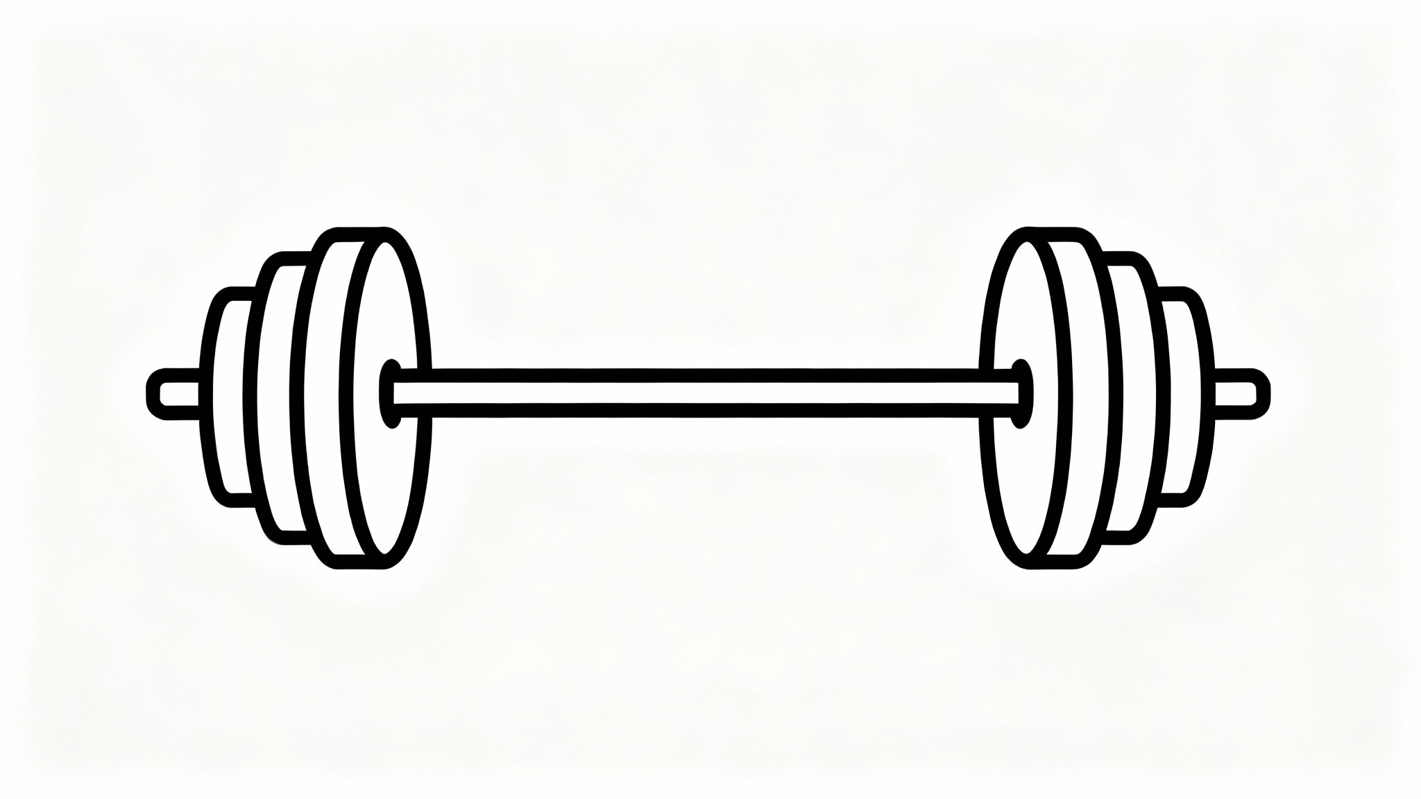 A modern, black line art illustration of a barbell with weight plates, presented in a minimalist style on a white background.
