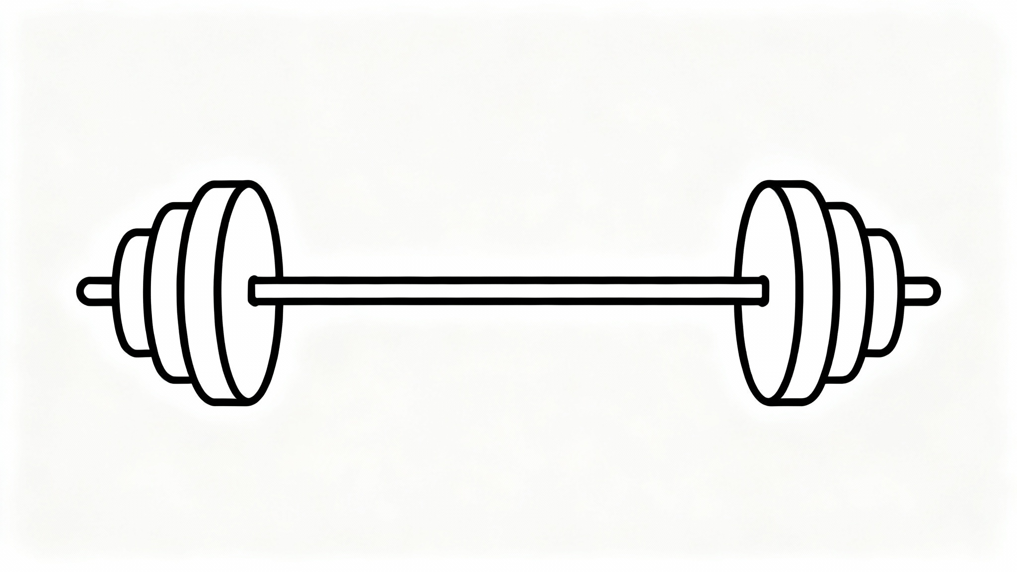 A minimalist black line art drawing of a barbell, centered on a plain white background.
