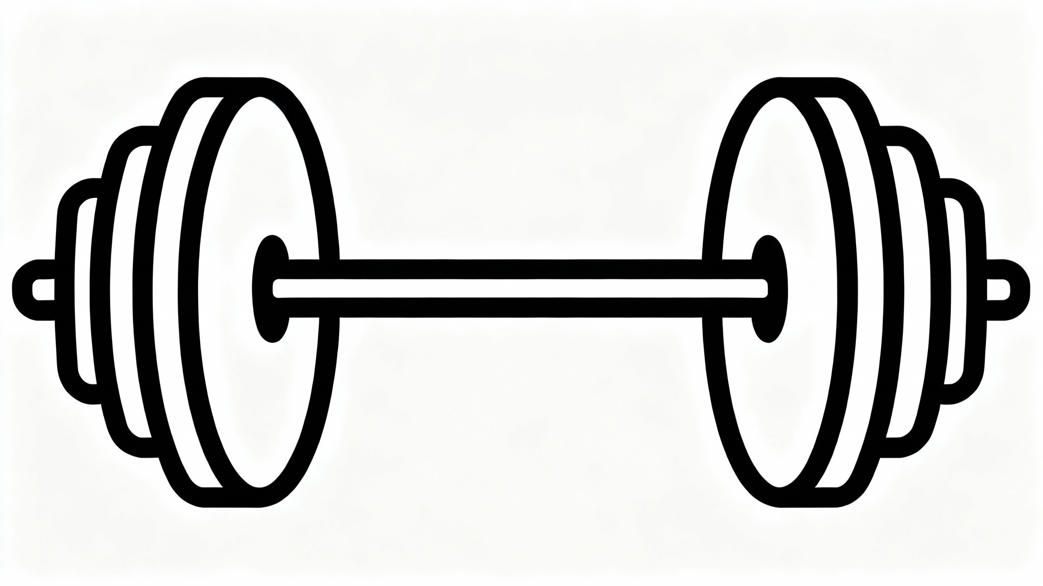 A black and white minimalist line art drawing of a barbell with weights, presented horizontally on a clean white background.