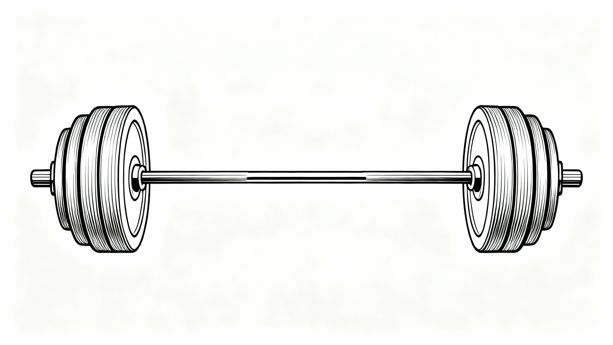 A minimalist black line art drawing of a classic Olympic barbell, shown from the front on a plain white background.
