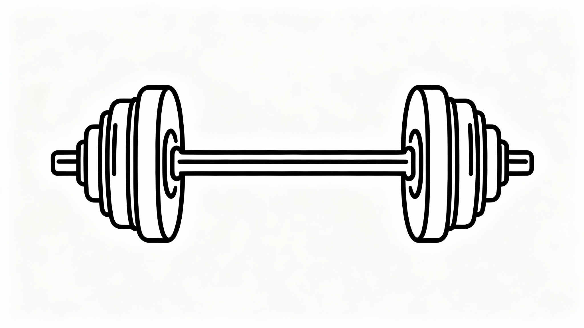 A minimalist black line art drawing of a barbell with weight plates on each side, presented on a clean white background.