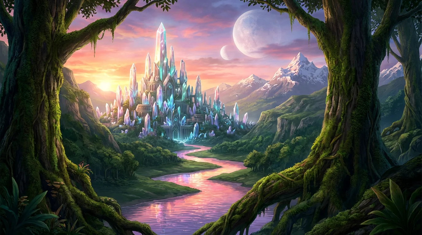 A beautifully rendered fantasy game background showing a glowing city in a lush valley at sunset, with a river, ancient trees, and distant mountains under a sky with two moons.