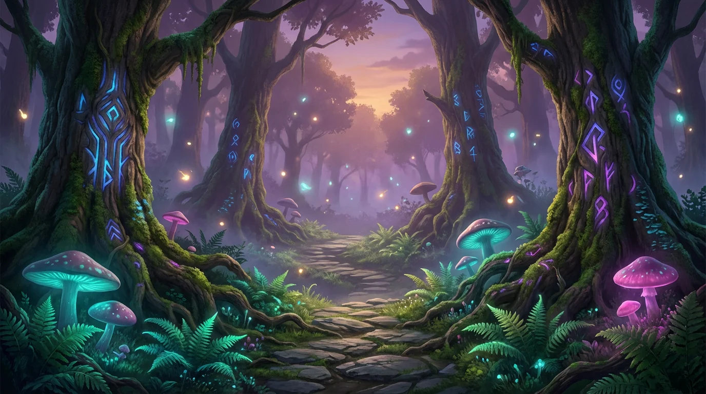 A beautiful digital painting of an enchanted forest at twilight, designed as a game background. The scene features a stone path, ancient trees with glowing runes, and large, bioluminescent mushrooms.