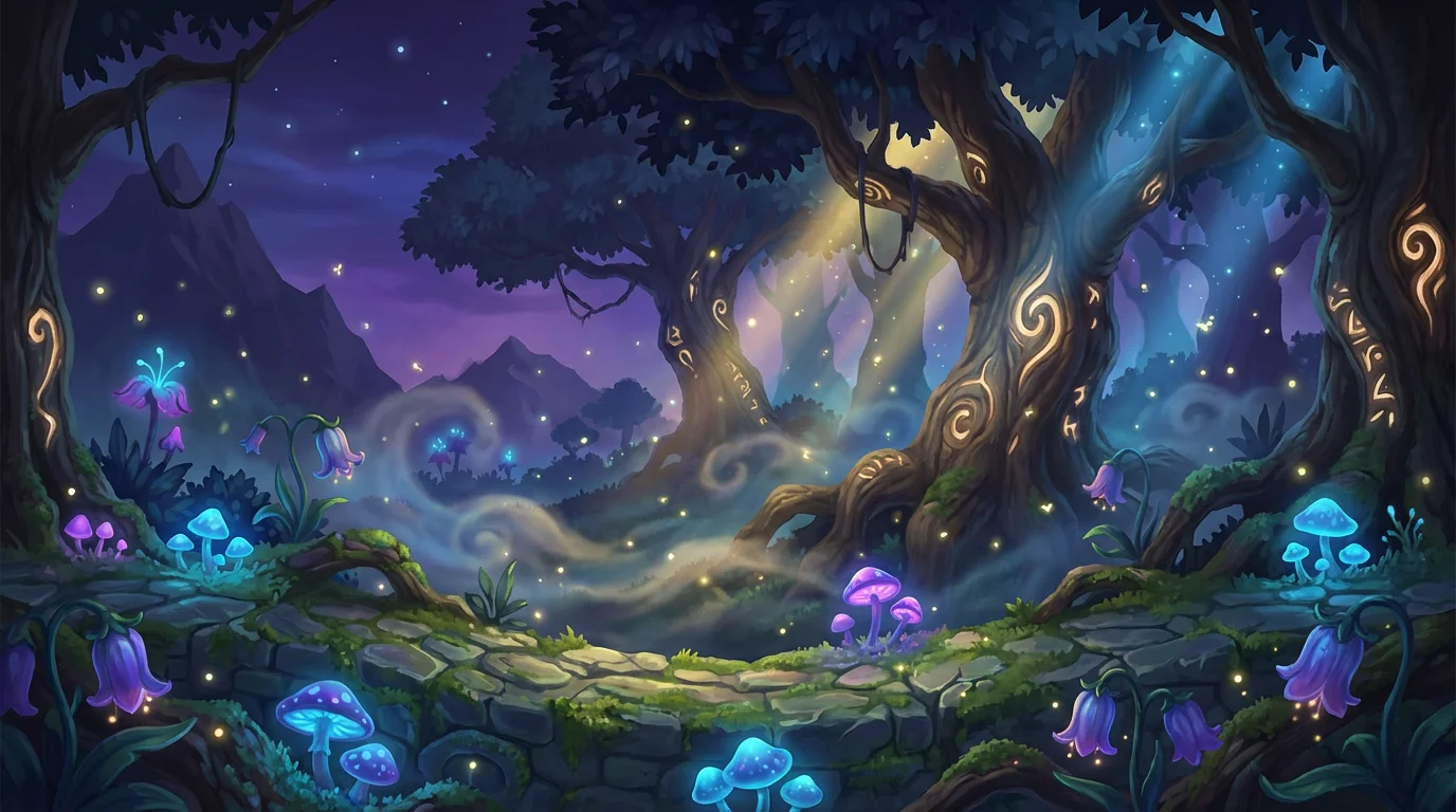 A beautifully rendered game background of an enchanted forest at twilight, featuring a winding path, glowing mushrooms, and ancient trees with magical runes.