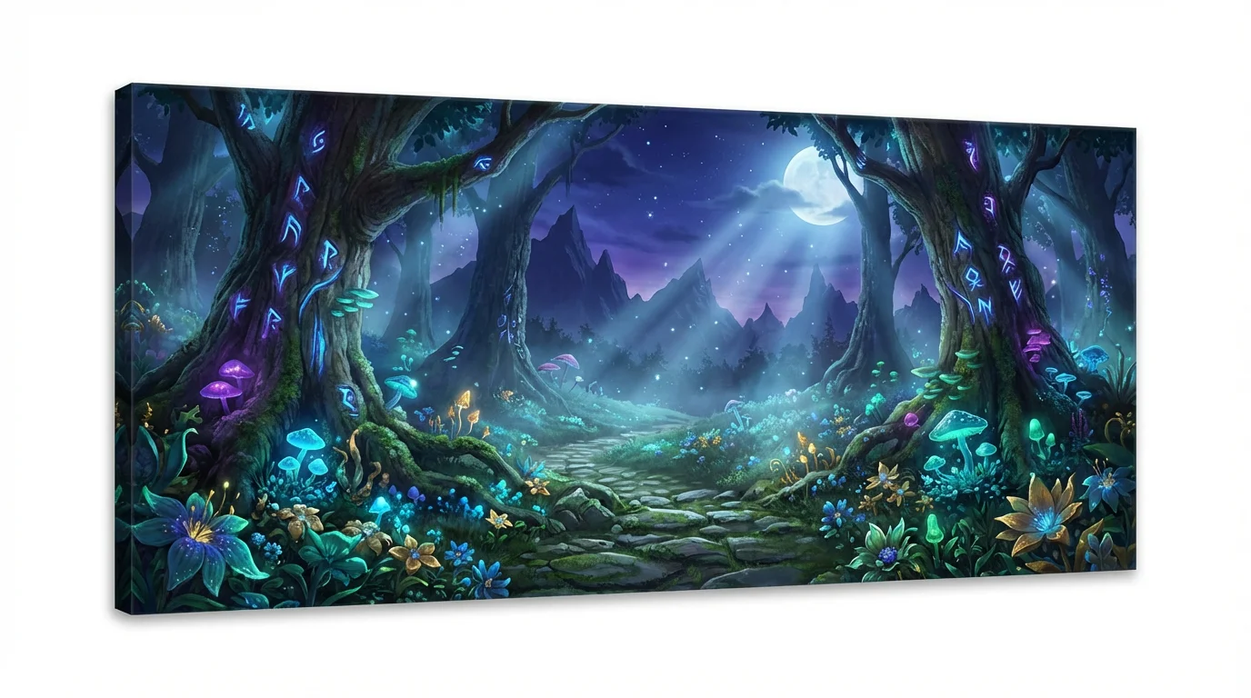 A fantasy game background depicting a magical, glowing forest at night, with a stone path leading through ancient trees and bioluminescent mushrooms, shown as a mockup on a white background.