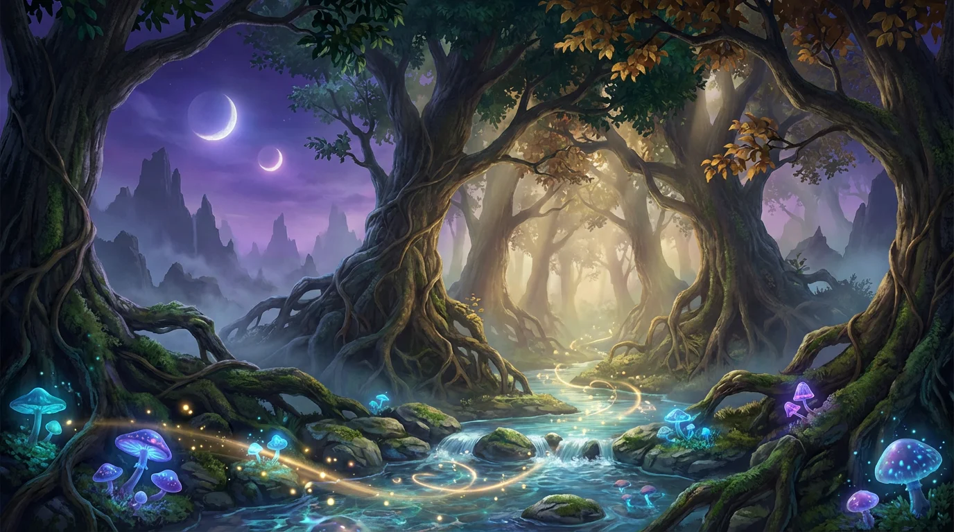 A stunning digital painting of an enchanted forest game background, featuring a glowing river, giant ancient trees, and distant mountains under a twilight sky with two moons.