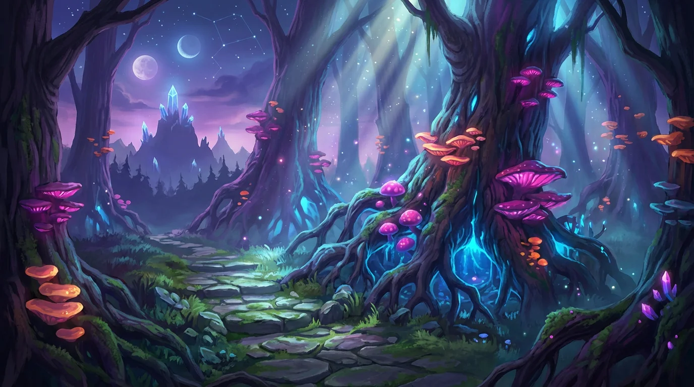 A highly detailed fantasy game background of an enchanted forest at twilight, featuring a winding stone path, giant trees with glowing roots, bioluminescent mushrooms, and a distant mountain range under a sky with two moons.