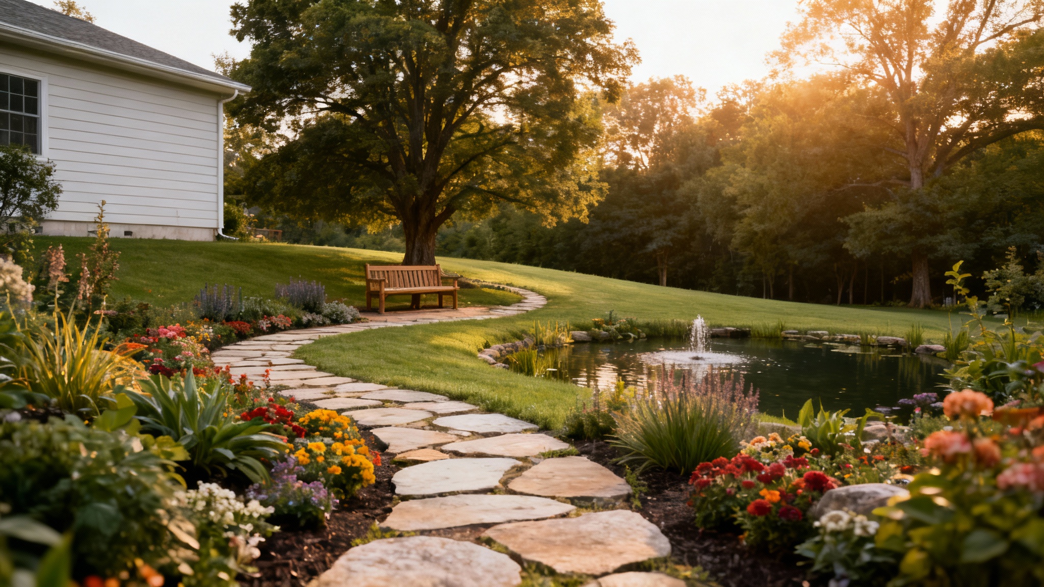 A stunning, photorealistic hero image of a professionally landscaped backyard, showing the final result of a design plan with stone paths, a pond with a fountain, and vibrant flower beds.