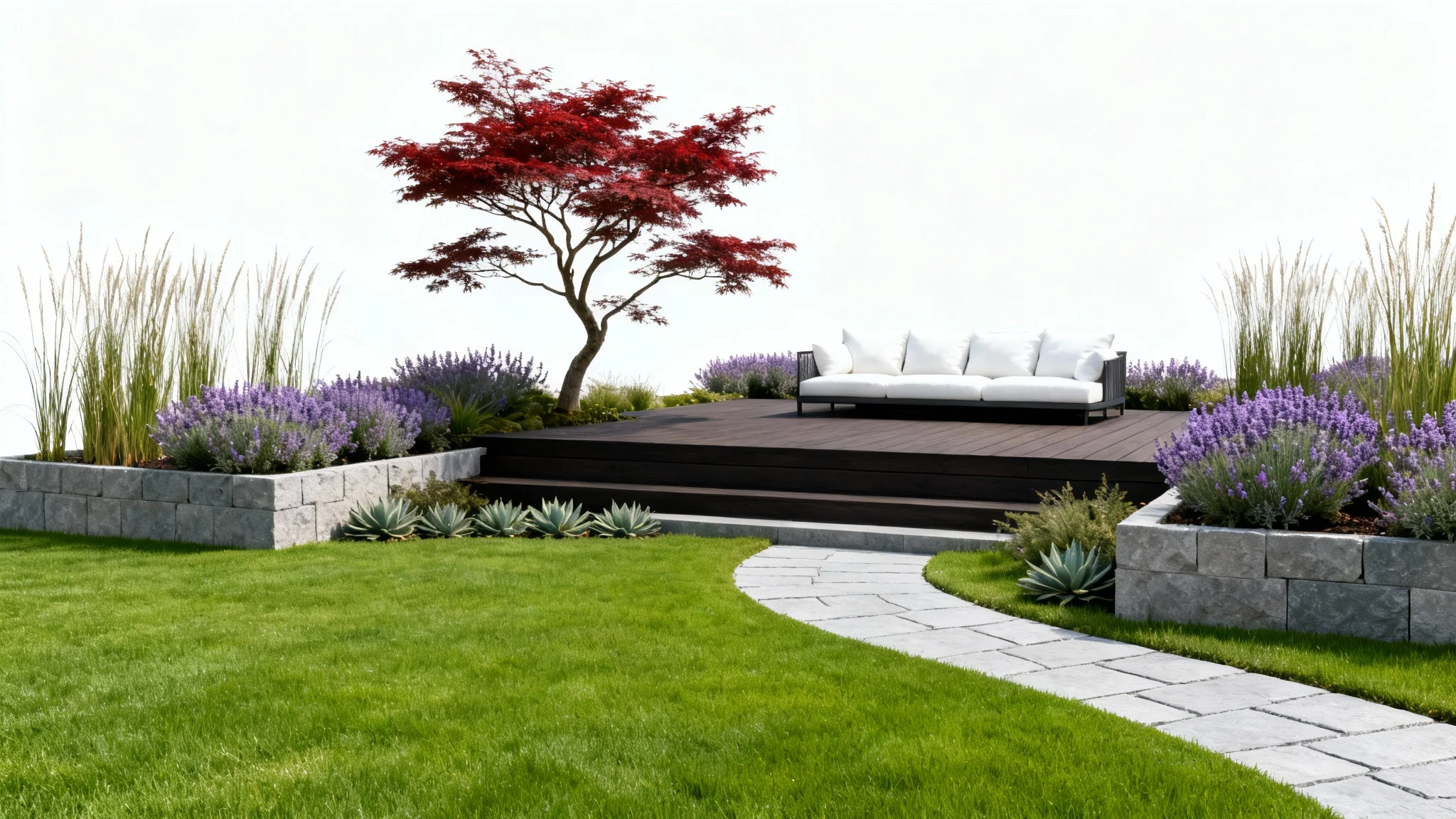 A photorealistic mockup of a modern, luxurious backyard landscape design featuring a perfect green lawn, a stone path, a wooden patio with a sofa, and vibrant plantings, all set against a clean white background.
