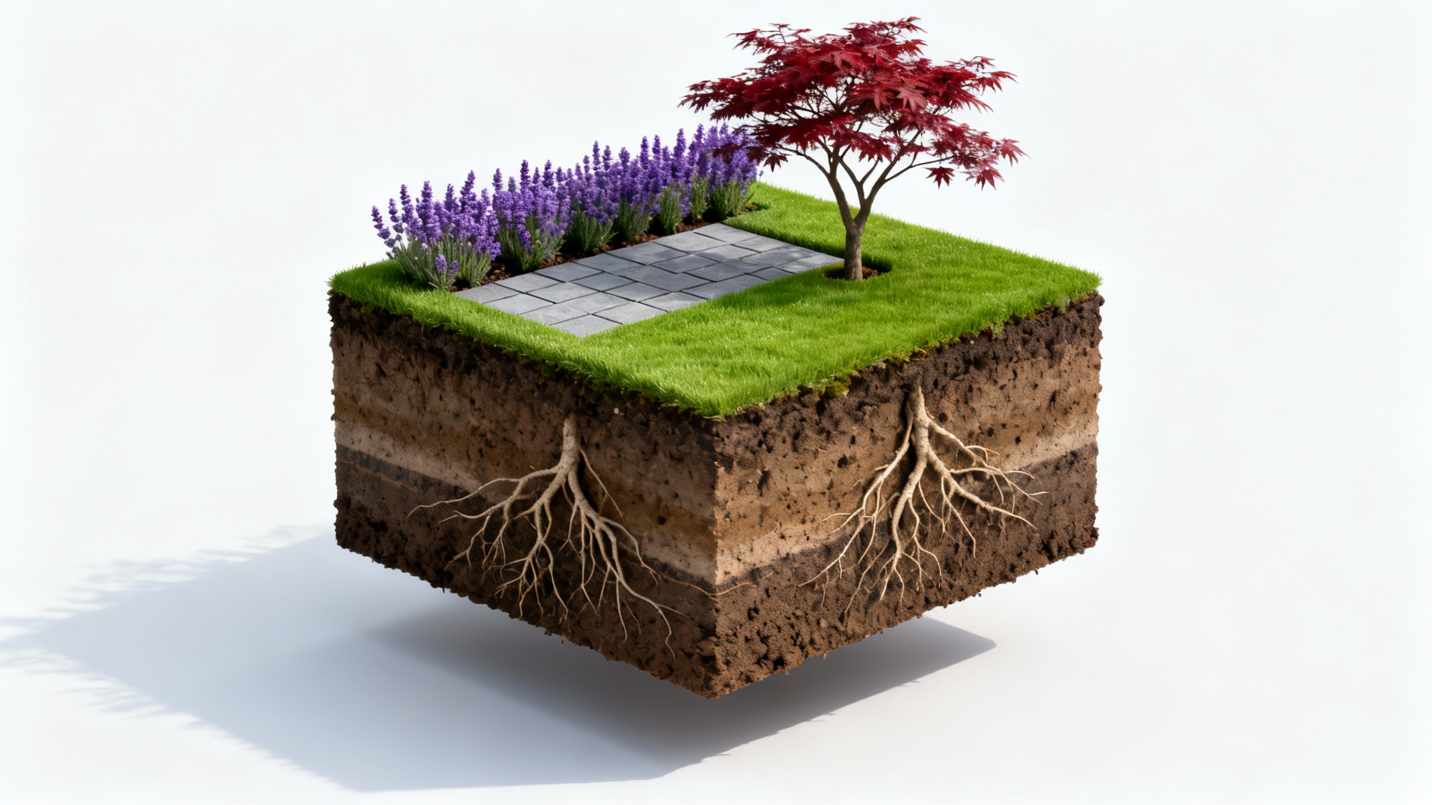 A miniature, cube-shaped cross-section of a perfectly designed modern garden, floating against a clean white background, showcasing a lush lawn, patio, and a small tree.