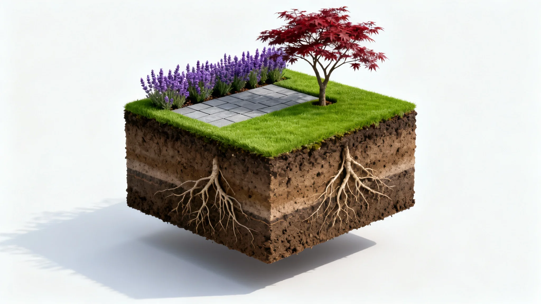 A miniature, cube-shaped cross-section of a perfectly designed modern garden, floating against a clean white background, showcasing a lush lawn, patio, and a small tree.