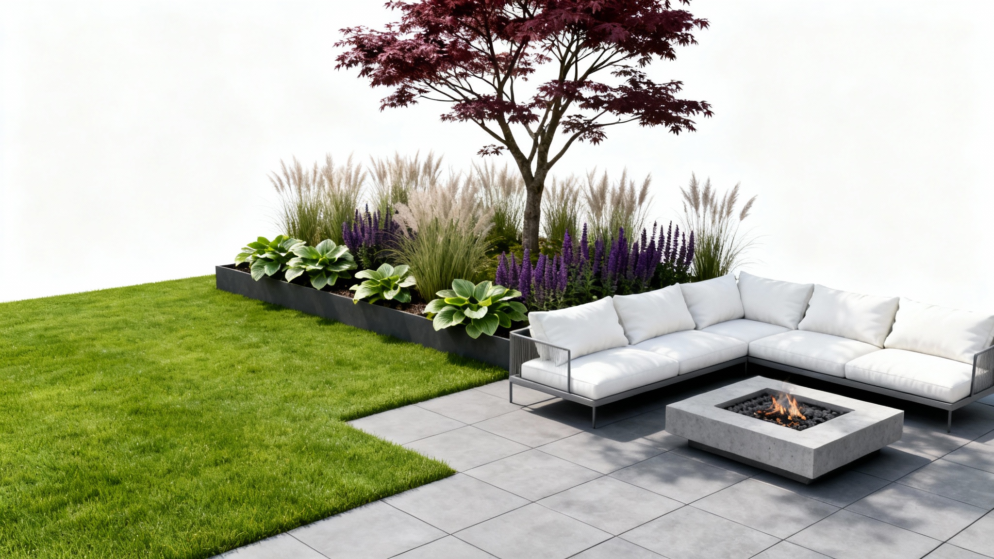 A photorealistic mockup of a modern landscape design featuring a stylish patio with a sofa and fire pit, surrounded by lush plants, all isolated on a clean white background.
