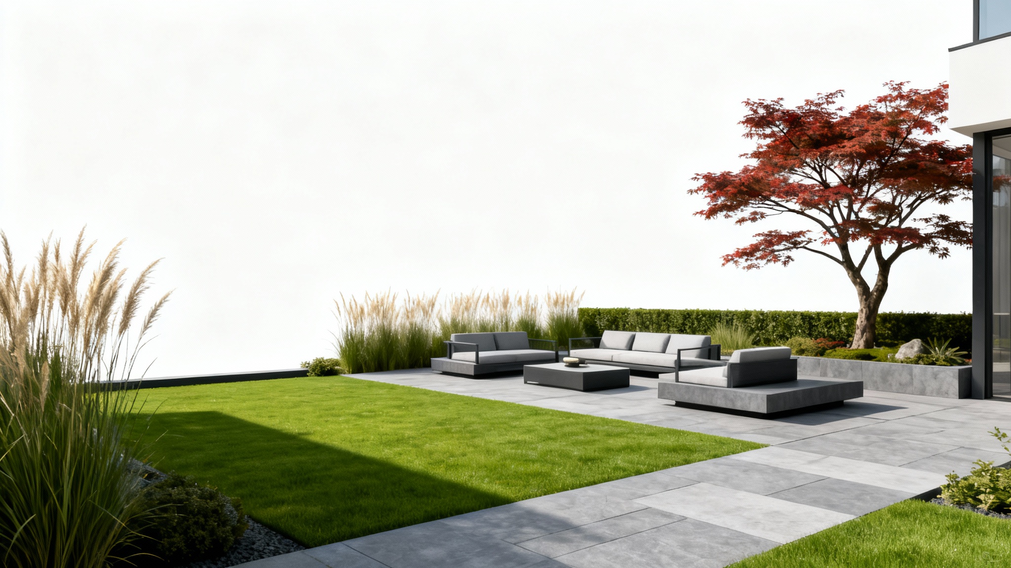 A photorealistic rendering of a modern landscape design, showing a pristine lawn, stone patio, and elegant plantings, all isolated against a clean white background.