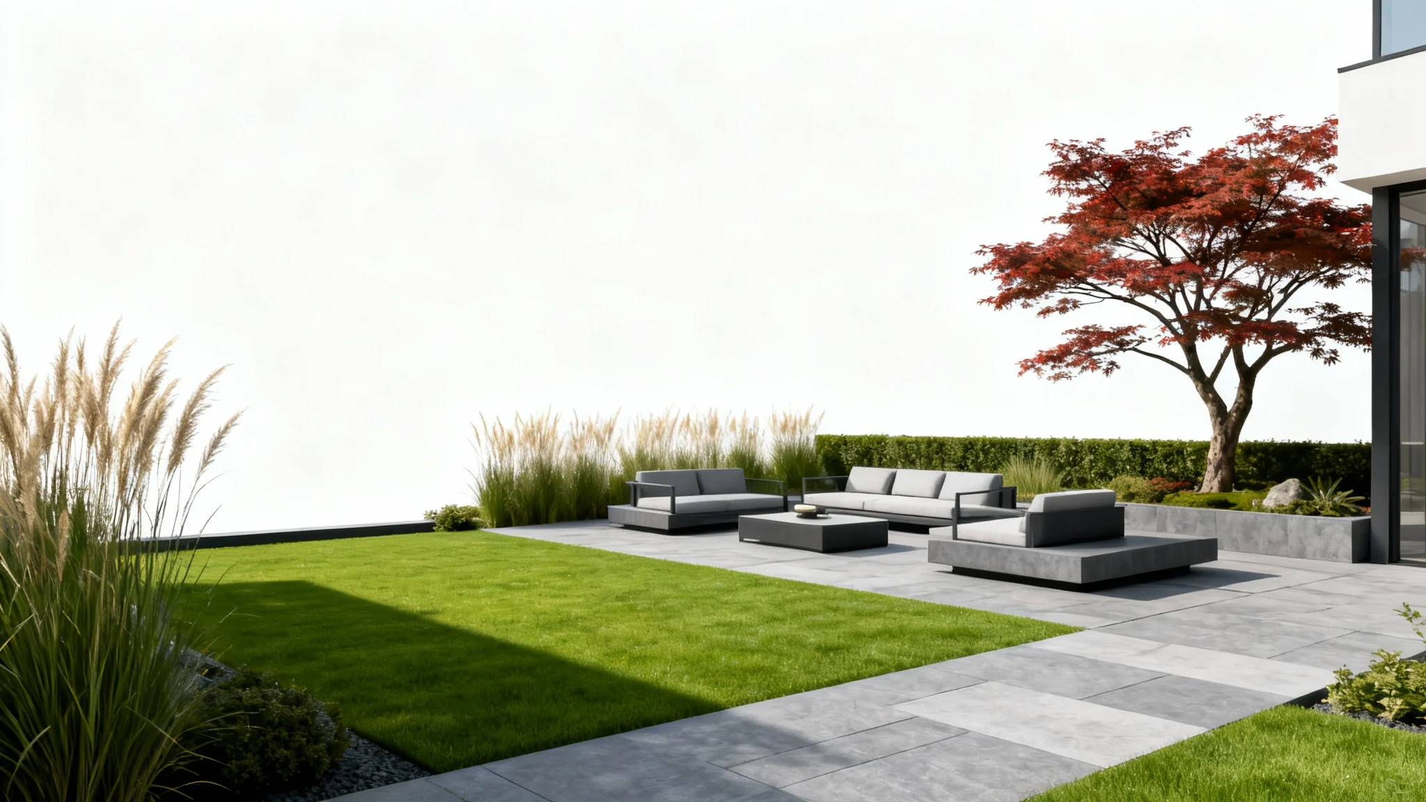 A photorealistic rendering of a modern landscape design, showing a pristine lawn, stone patio, and elegant plantings, all isolated against a clean white background.