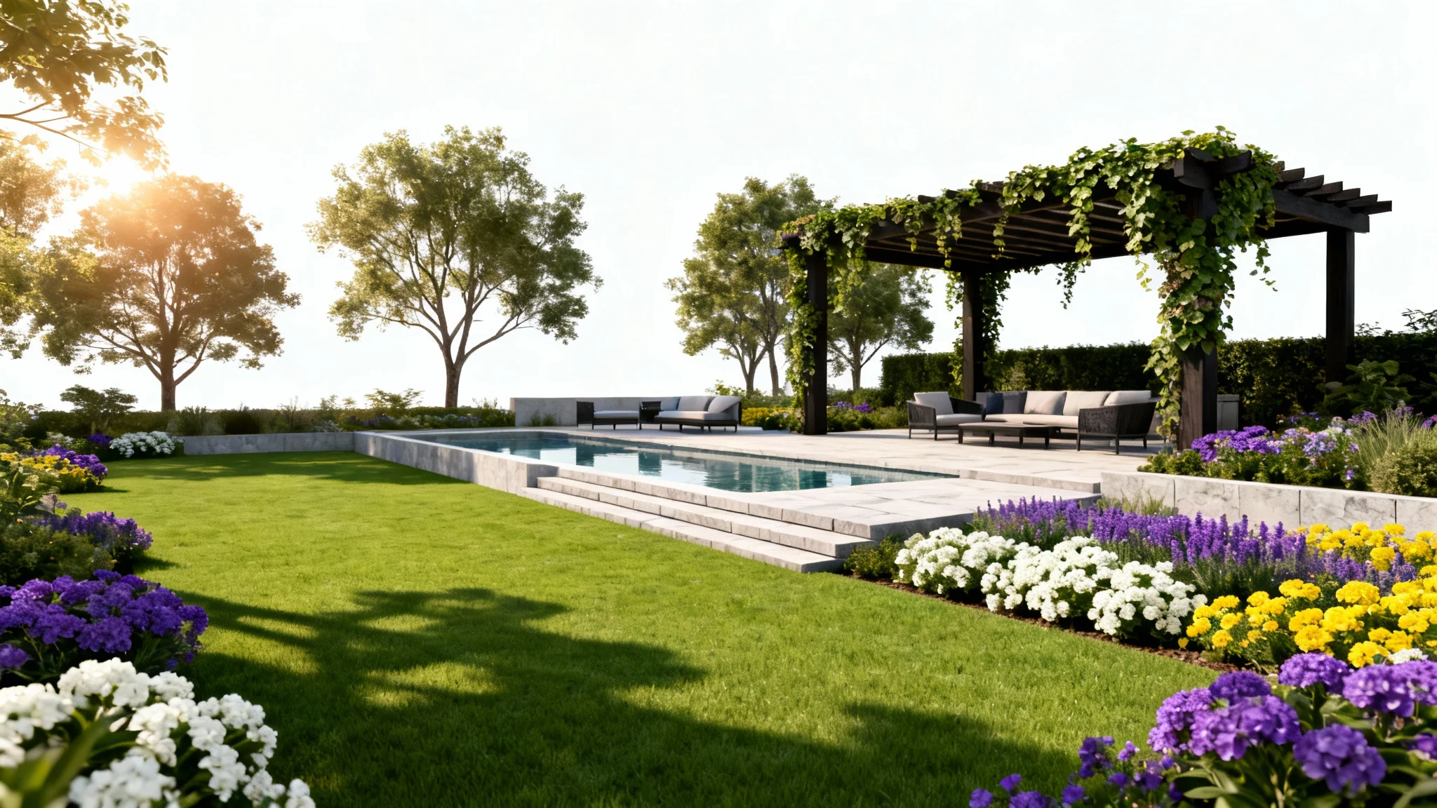 A photorealistic rendering of a luxurious and modern landscape design for a backyard, featuring a lush lawn, stone patio, water feature, and vibrant flower beds, presented as a mockup on a white background.