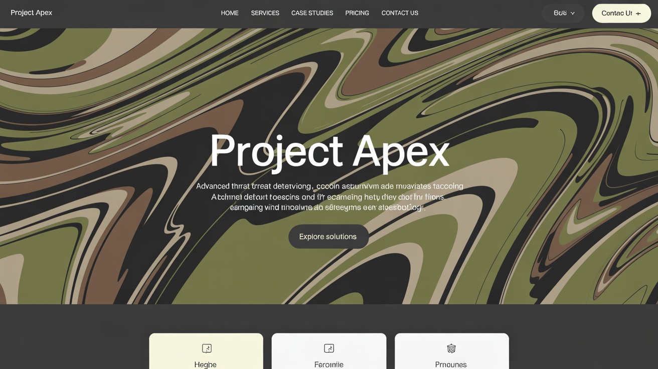 A design template result showing bold white text 'PROJECT APEX' on a modern, abstract camouflage background with swirls of green, brown, and black.
