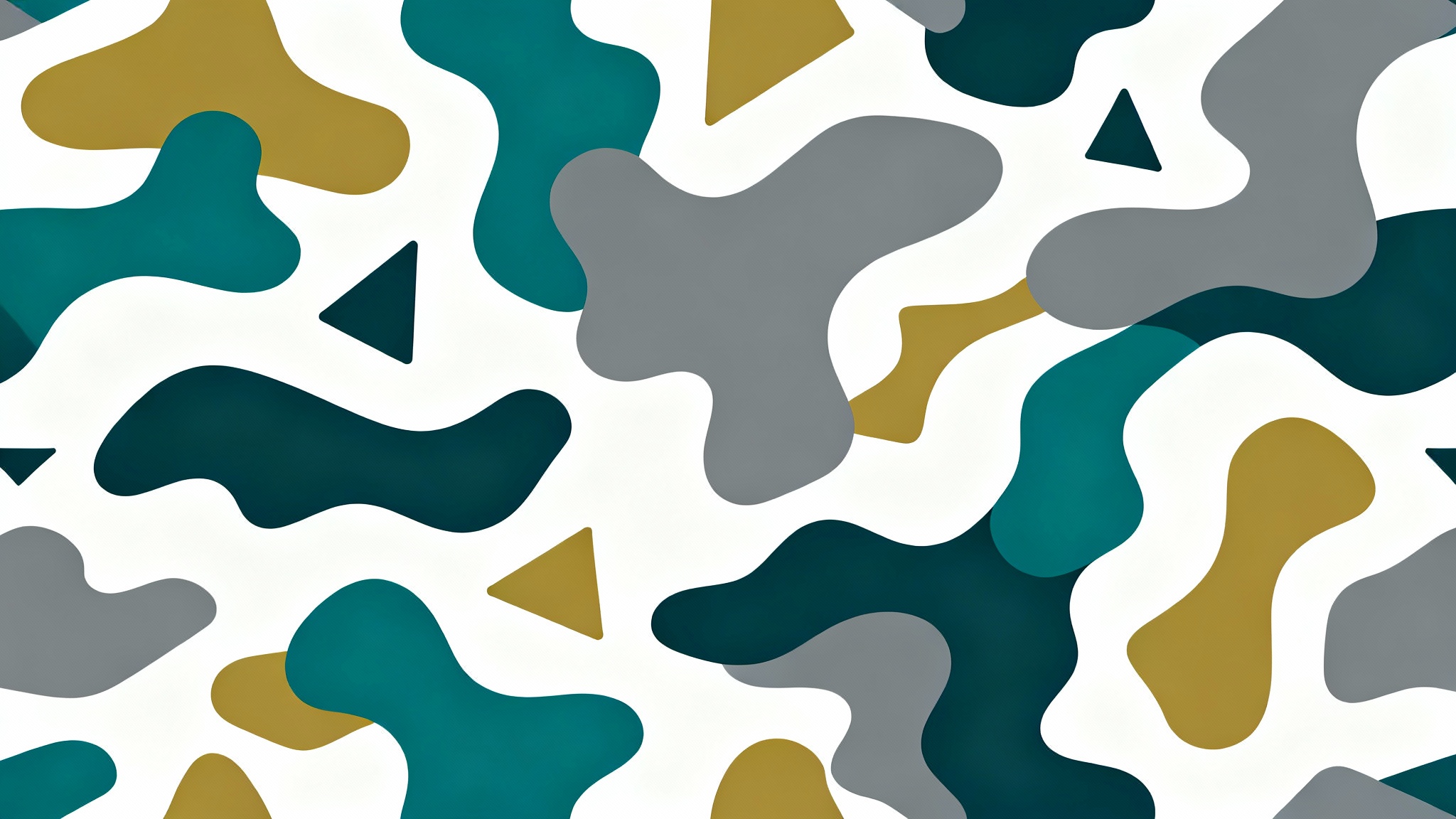 An abstract camouflage pattern with interlocking organic and geometric shapes in a modern color palette of teal, gray, and ochre, shown as a flat design on a white background.