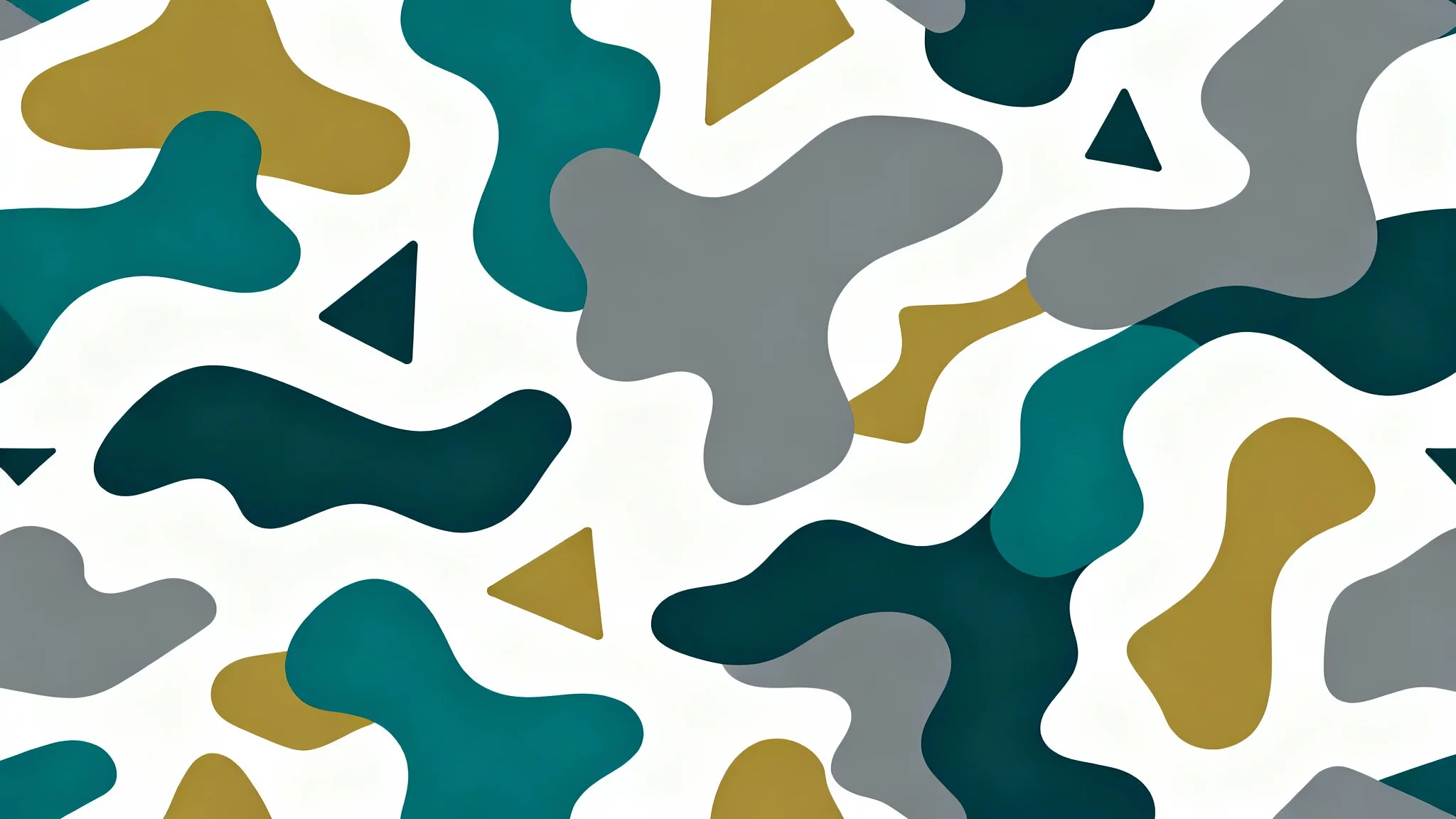 An abstract camouflage pattern with interlocking organic and geometric shapes in a modern color palette of teal, gray, and ochre, shown as a flat design on a white background.
