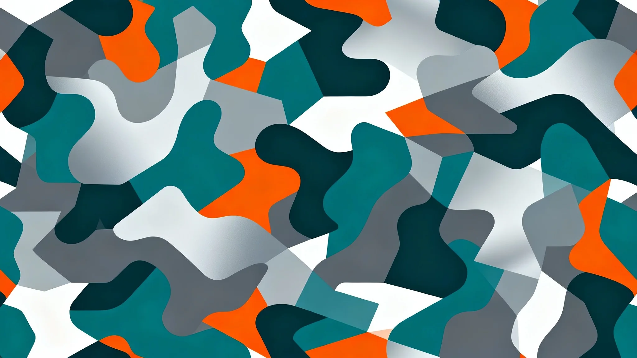 An abstract camouflage pattern with interlocking shapes in teal, gray, and silver, highlighted with bright orange accents, presented on a clean white background.