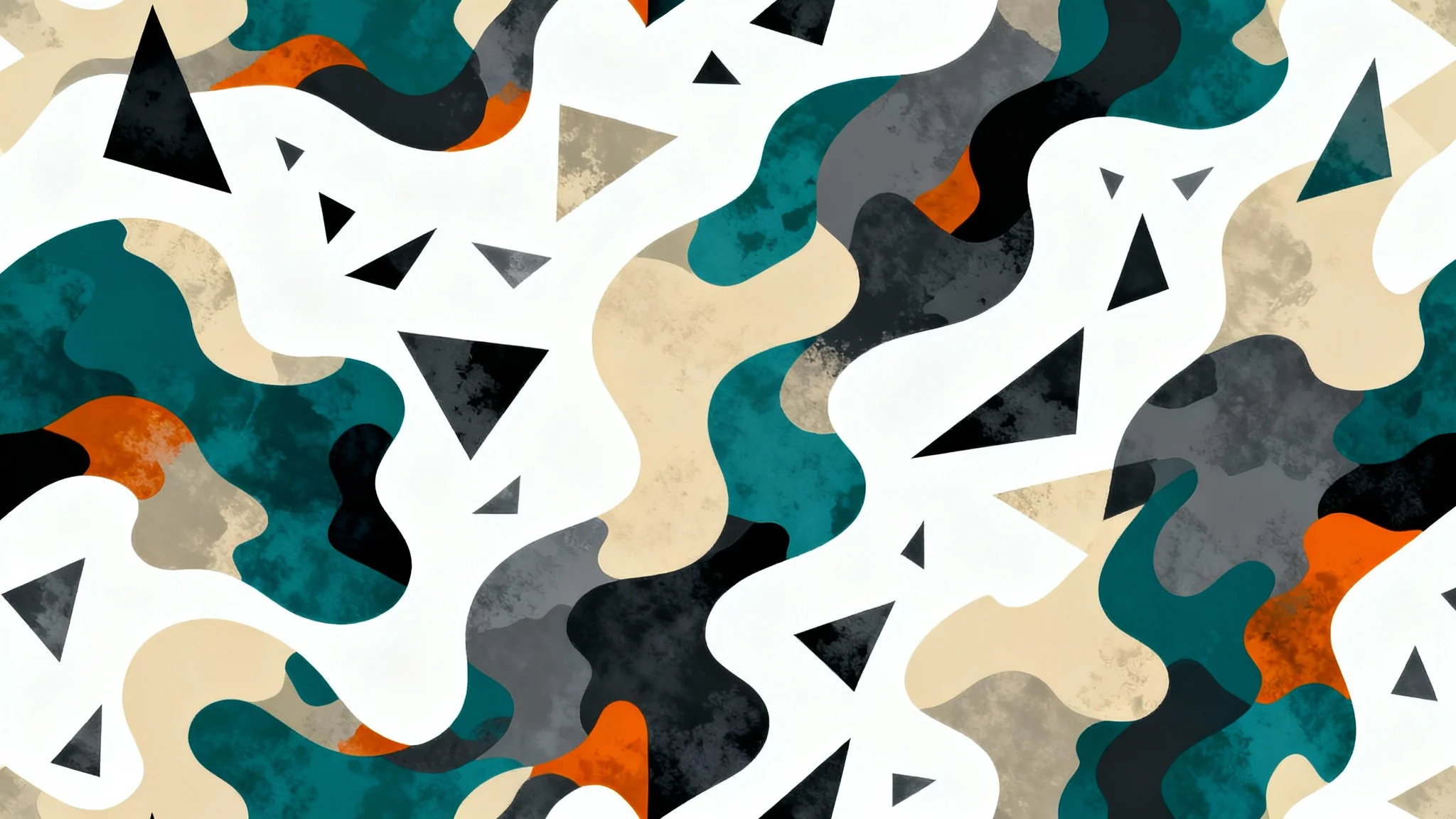 A modern abstract camouflage pattern with a color palette of teal, beige, charcoal, and orange, displayed against a white background.