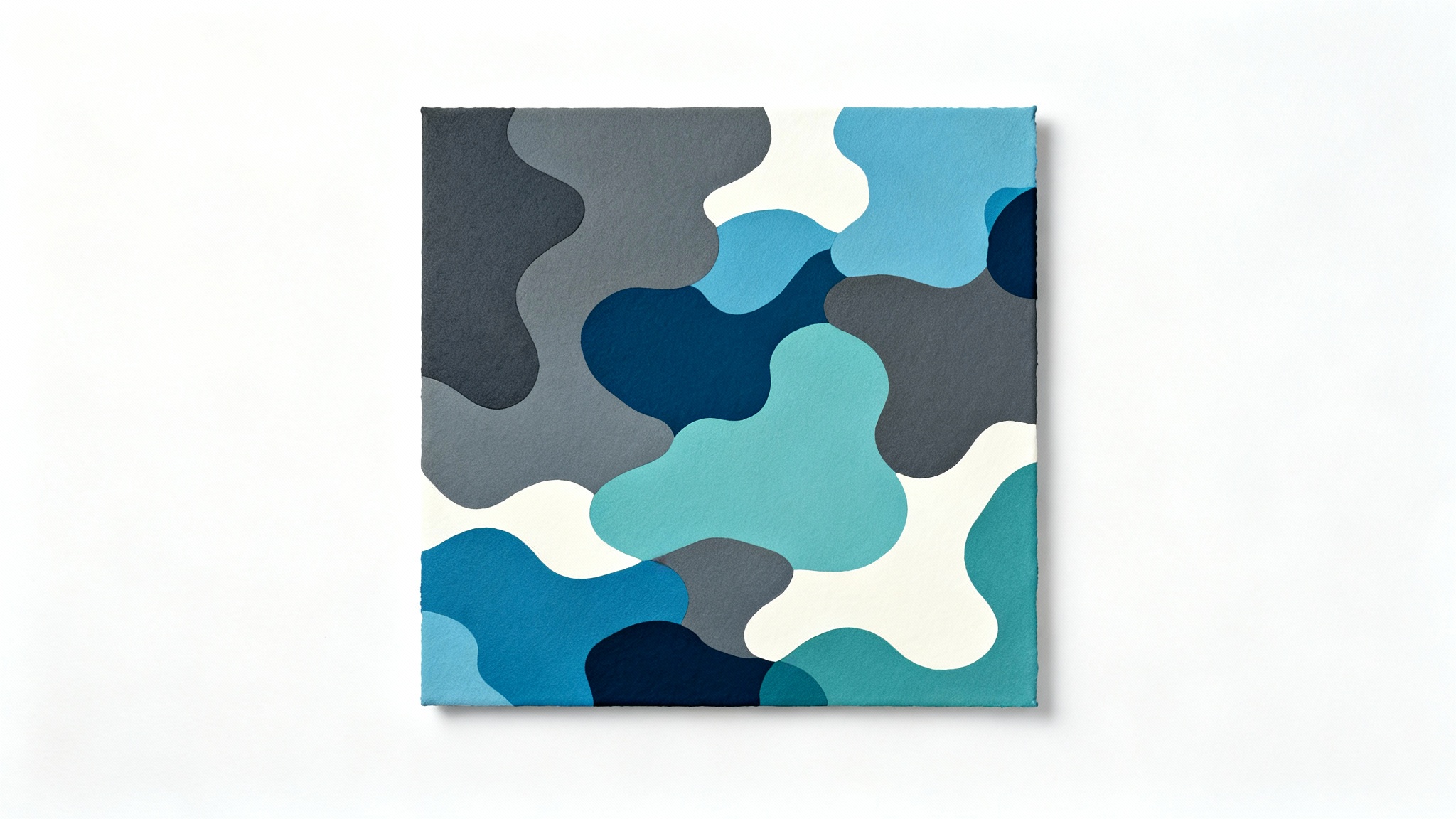 A modern abstract camouflage pattern with flowing shapes in shades of gray, blue, and teal, displayed as a flat swatch on a clean white background.
