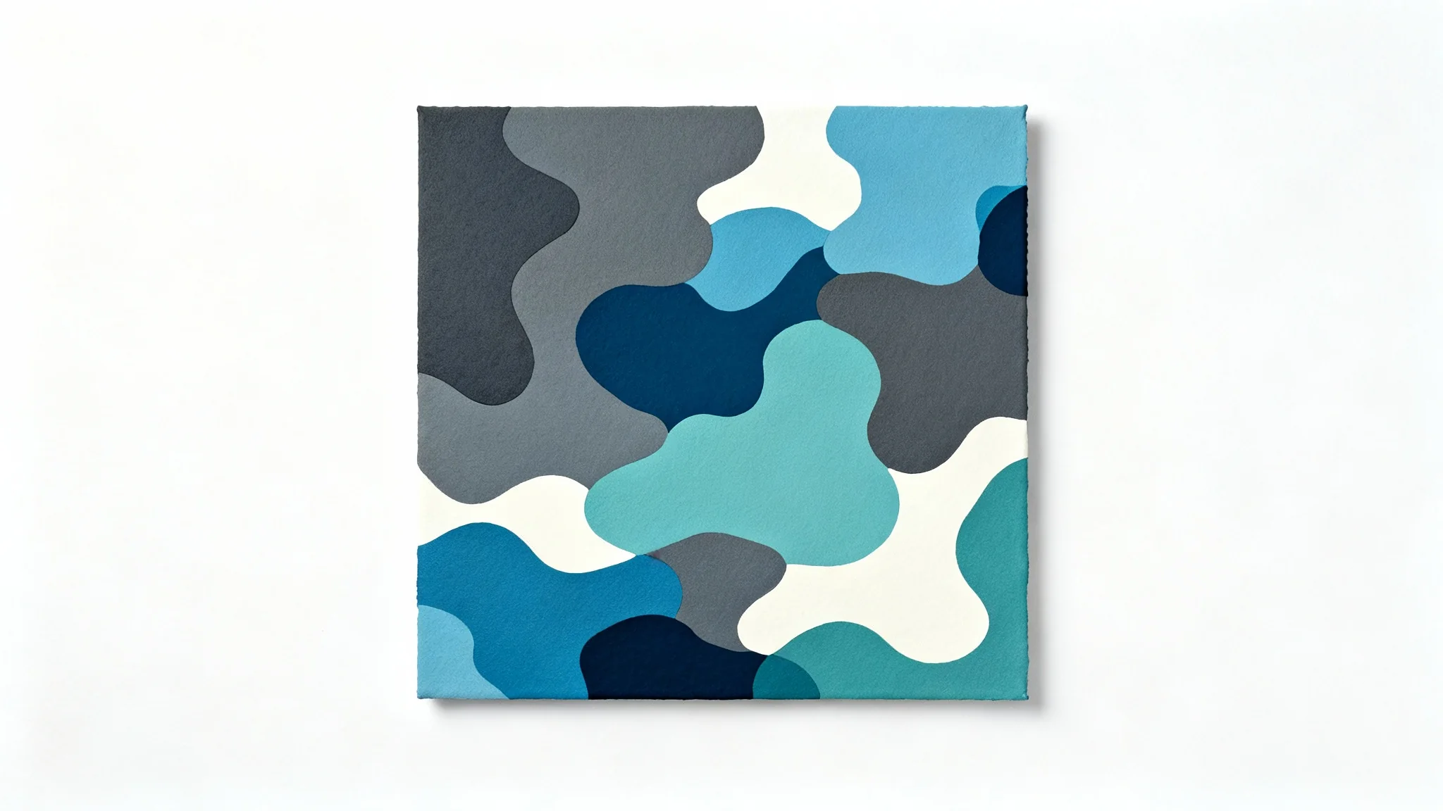 A modern abstract camouflage pattern with flowing shapes in shades of gray, blue, and teal, displayed as a flat swatch on a clean white background.
