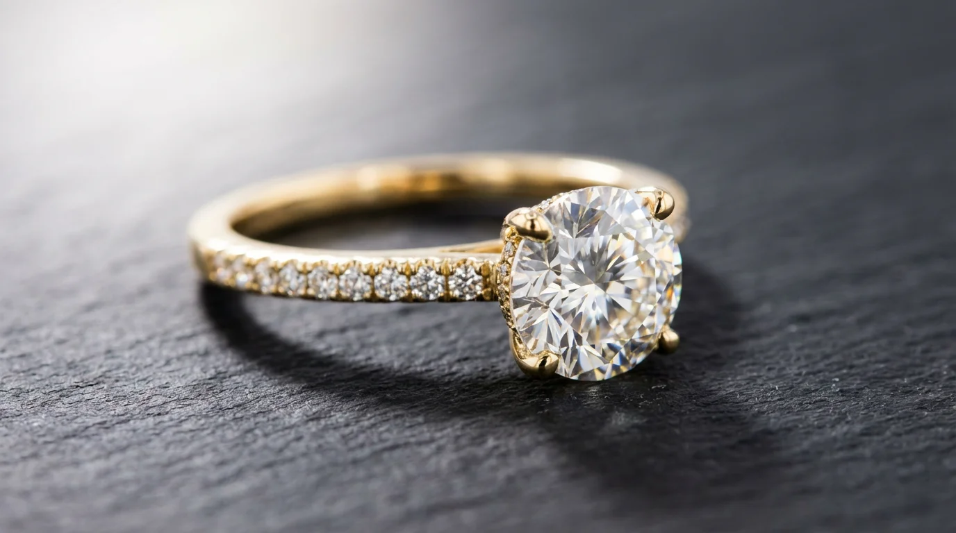 A detailed close-up of a gold engagement ring with a large central diamond and smaller diamonds on the band, resting on a dark slate surface.