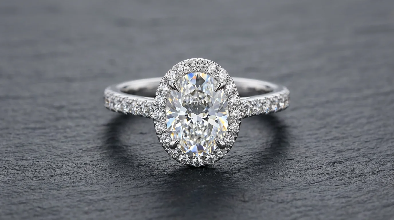 A close-up, photorealistic render of an oval-cut diamond engagement ring with a pavé halo and band, made of platinum, resting on a dark gray surface.