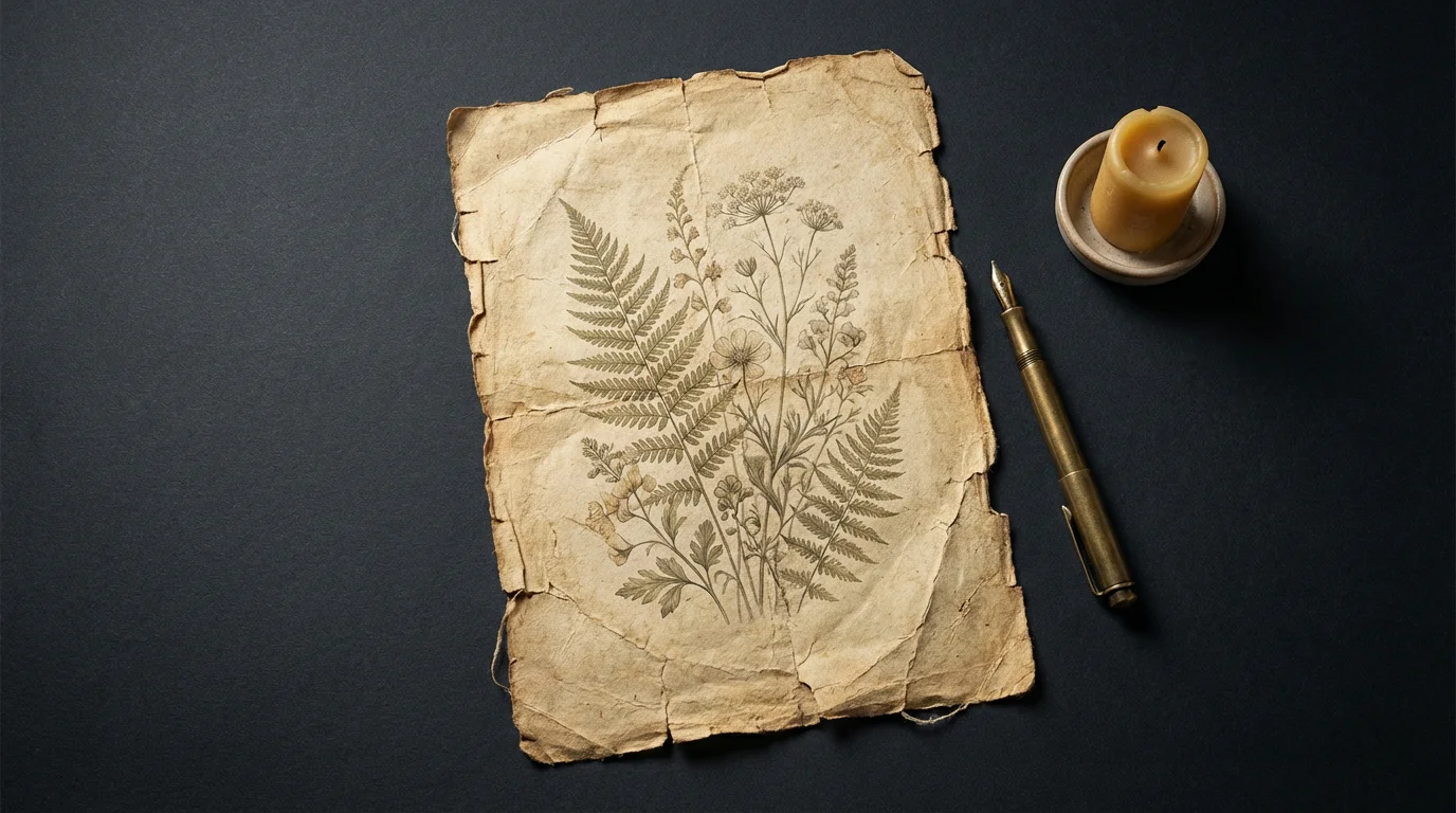 An elegantly styled flat lay of a sheet of distressed vintage paper on a dark background, featuring a faded botanical drawing, an antique pen, and a brass candle holder.