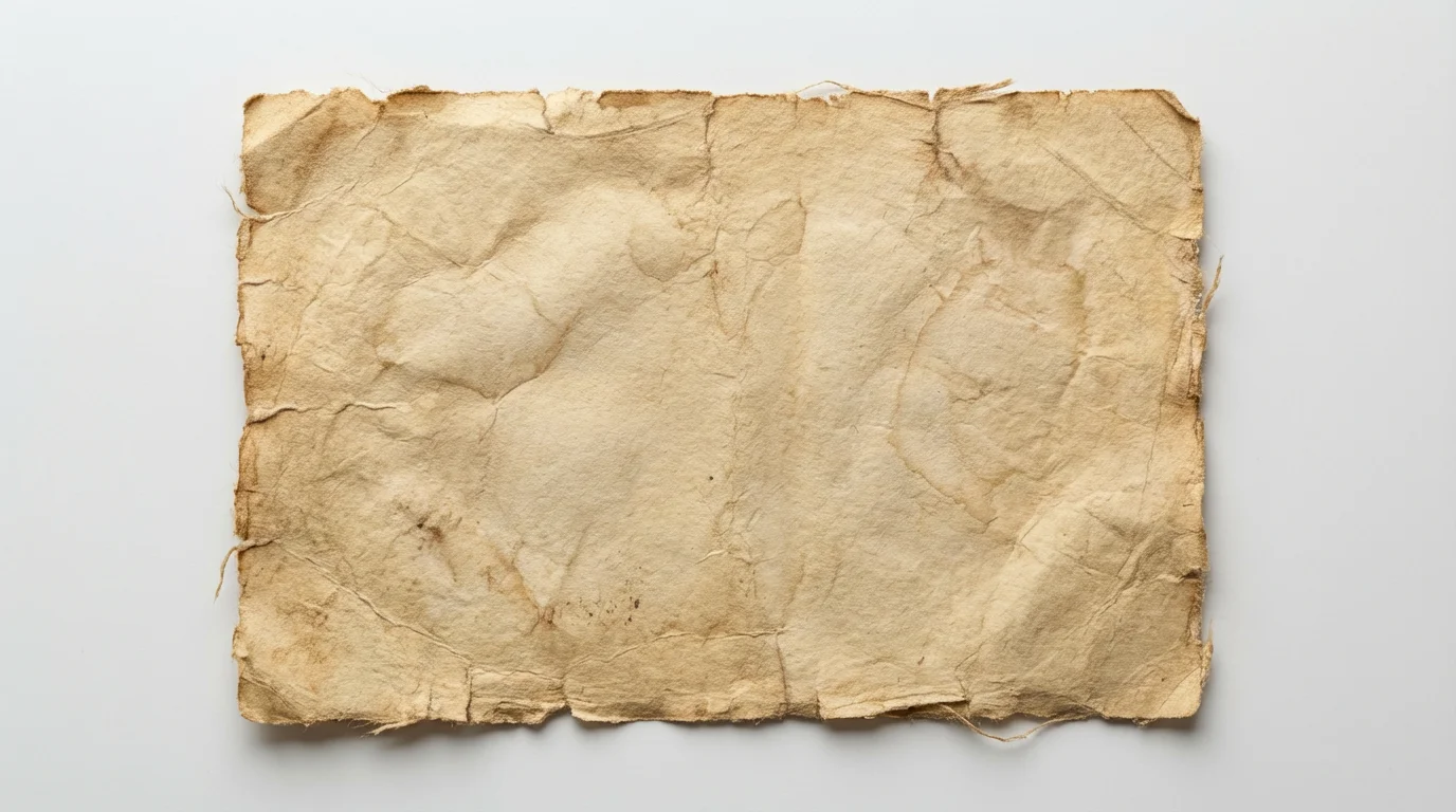 A high-resolution mockup of a single sheet of distressed, yellowed paper with frayed edges and light stains, presented flat against a clean white background.