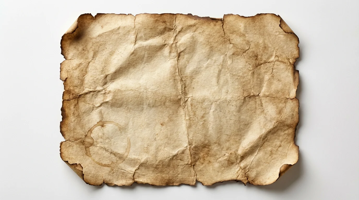 A flat lay image of a single sheet of old, distressed paper with a wrinkled texture, coffee stain, and torn edges, displayed on a plain white background.