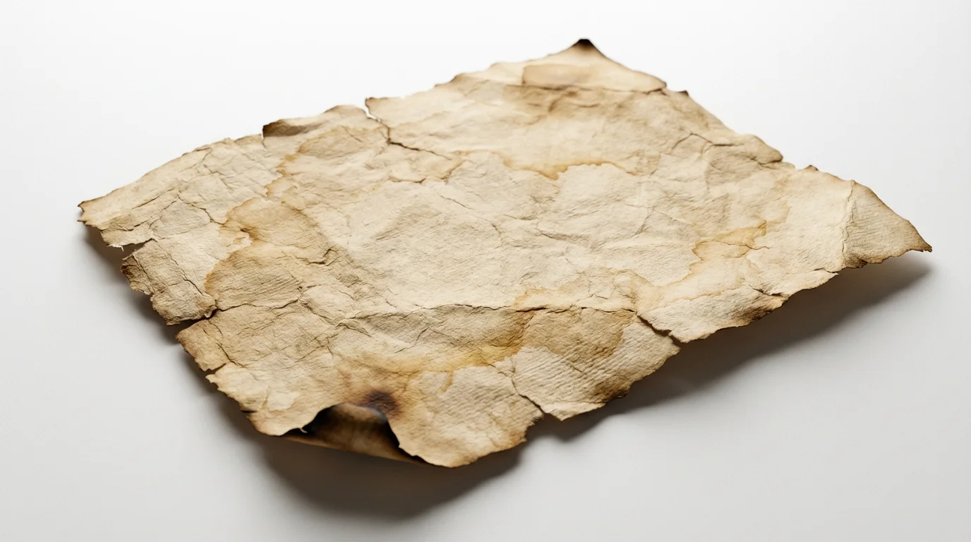 A close-up, top-down view of a single sheet of distressed, antique-style paper on a white background, featuring frayed edges, deep wrinkles, and sepia-colored stains.