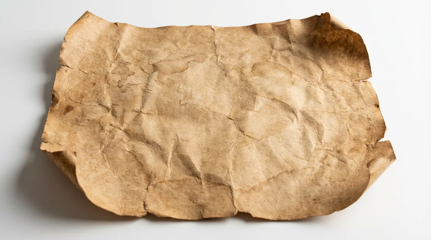 A photorealistic mockup of a single sheet of aged, distressed paper with torn edges, creases, and stains, displayed on a clean white background.