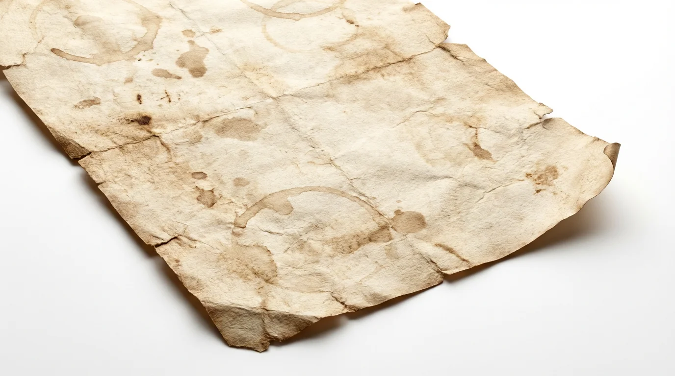 A detailed close-up of a single sheet of distressed, antique paper with torn edges and yellowed stains, set against a plain white background.