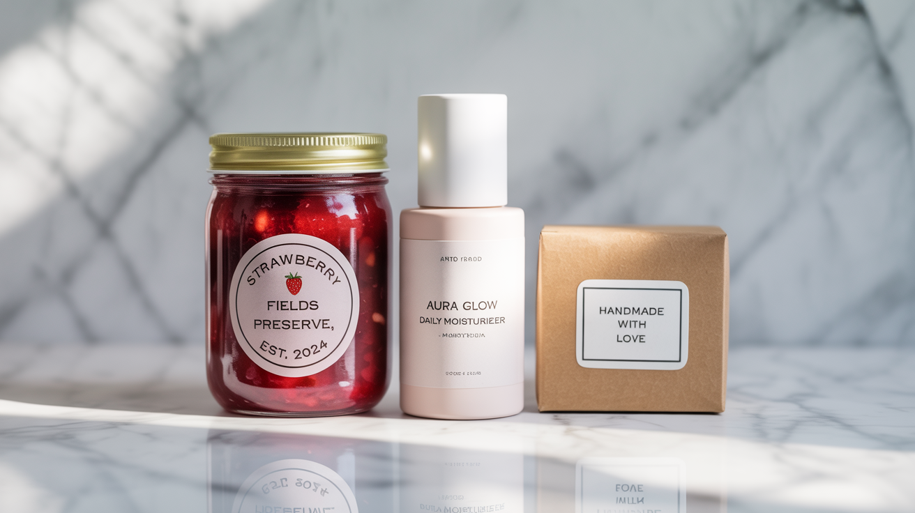 A professional product shot of a jam jar, a cosmetic bottle, and a gift box, each featuring a unique and professionally designed custom label, displayed on a white marble surface.