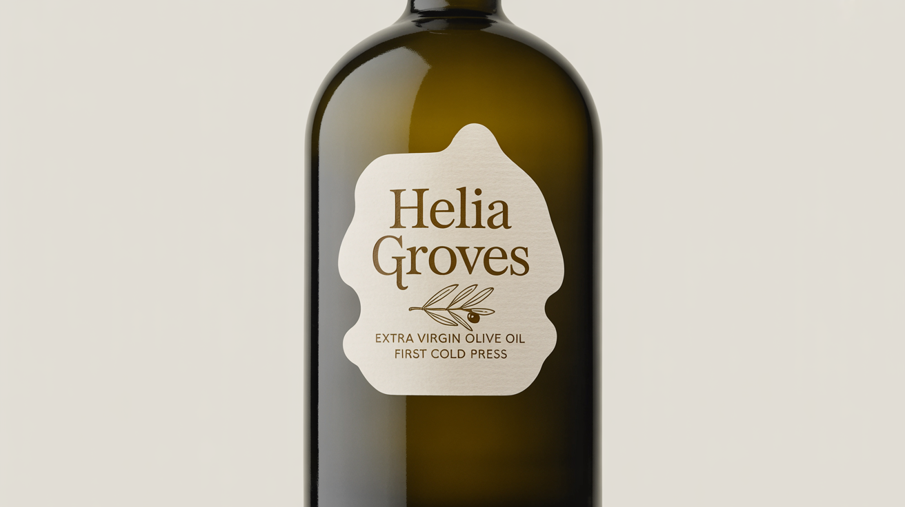 A product mockup of an artisanal olive oil bottle with a custom, cream-colored label that reads 'Helia Groves, Extra Virgin Olive Oil, First Cold Press', set against a white background.