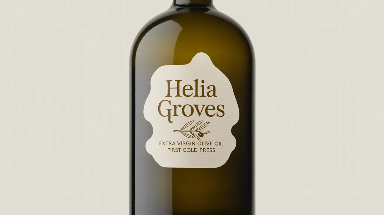 A product mockup of an artisanal olive oil bottle with a custom, cream-colored label that reads 'Helia Groves, Extra Virgin Olive Oil, First Cold Press', set against a white background.