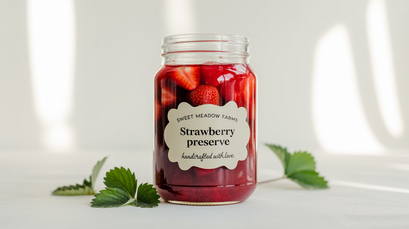 A photorealistic mockup of a glass jar of strawberry jam with a custom-designed 'Sweet Meadow Farms' label, showcased against a clean white background.