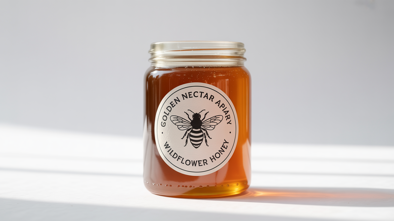 A photorealistic mockup of an artisanal honey jar with a custom label reading 'Golden Nectar Apiary' and 'Wildflower Honey', set against a plain white background.