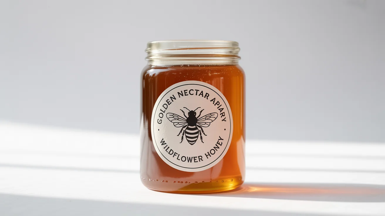 A photorealistic mockup of an artisanal honey jar with a custom label reading 'Golden Nectar Apiary' and 'Wildflower Honey', set against a plain white background.