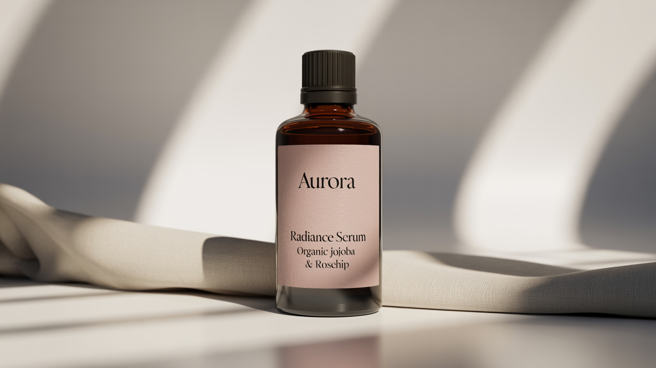 A photorealistic mockup of a custom-designed label on a dark amber cosmetic bottle, presented in a clean, professional studio setting against a white background.