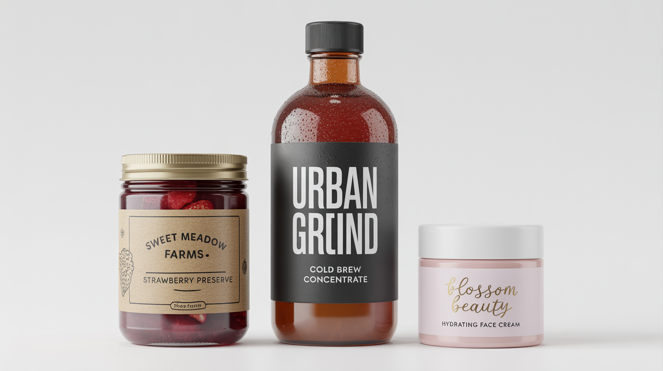 A mockup of three products with custom labels on a white background: a jar of jam with a rustic label, a bottle of cold brew with a modern label, and a cosmetic jar with an elegant label.
