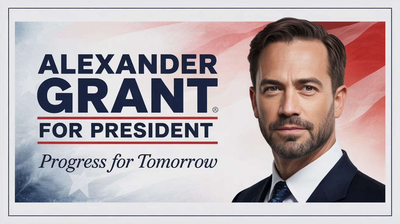 A professionally designed presidential campaign banner for a fictional candidate named Alexander Grant, with his portrait and the slogan 'Progress for Tomorrow'.