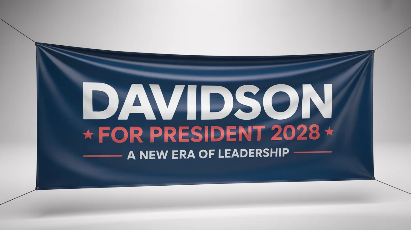A professional mockup of a presidential campaign banner for a fictional candidate named Davidson. The banner is navy blue, red, and white, with the text 'DAVIDSON FOR PRESIDENT 2028' prominently displayed.