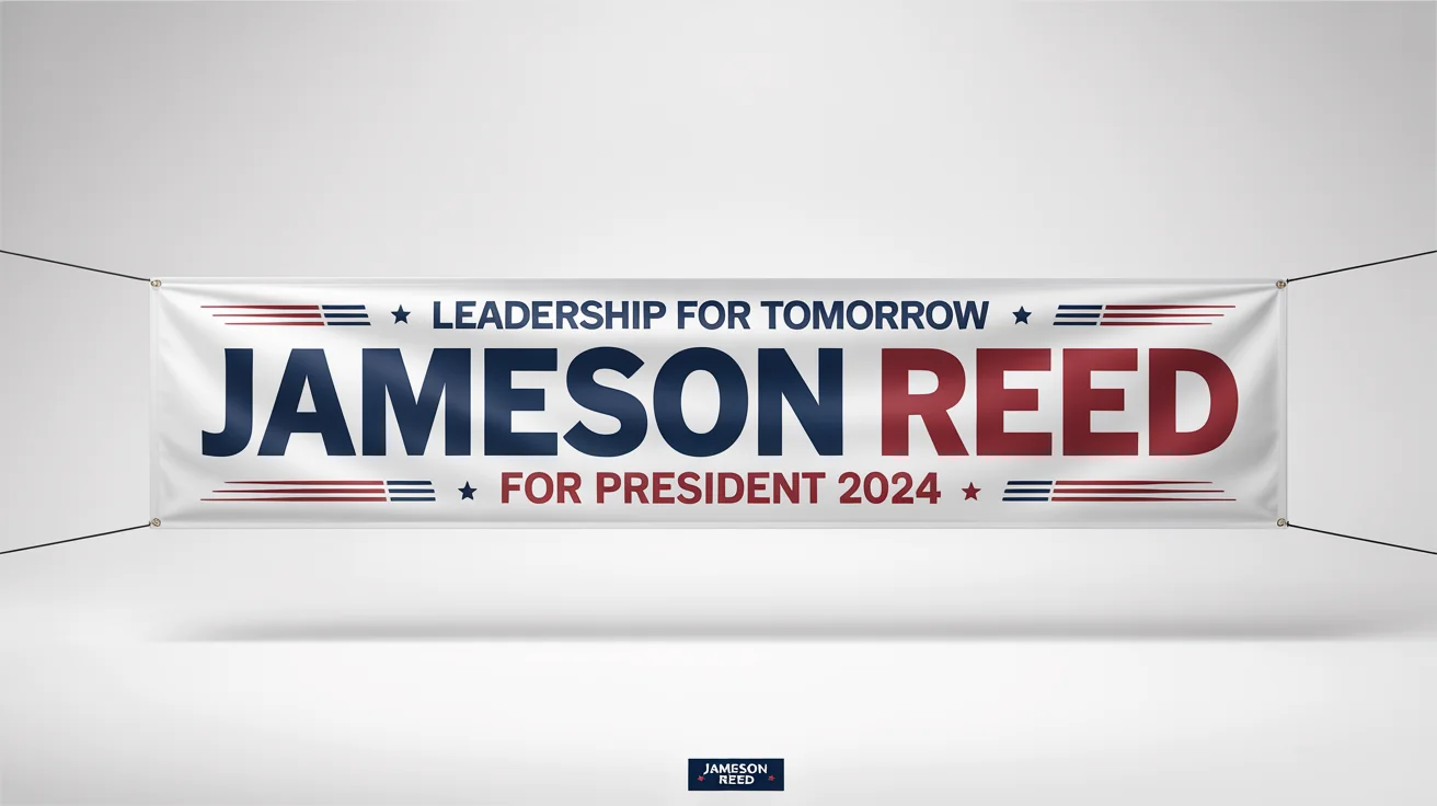 A professional presidential campaign banner mockup for candidate 'Jameson Reed' with the slogan 'Leadership for Tomorrow' for the '2024' election, featuring a patriotic red, white, and blue color scheme.
